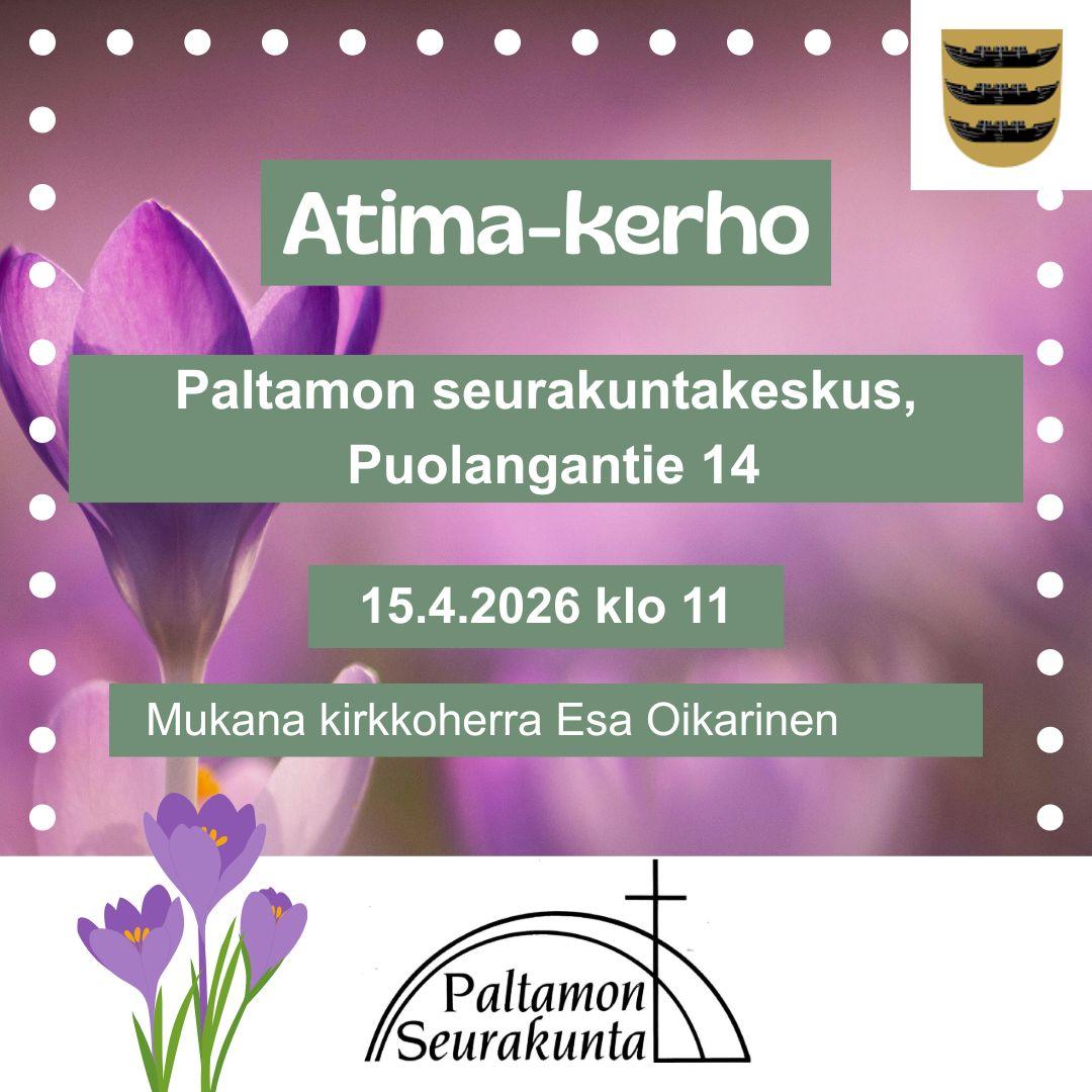 Taustalla violetti kukka. Kehyksenä valkoisia palloja. Keskellä vihreällä pohjalla kerhon infot. Oikeassa yläkulmassa Paltamon vaakuna ja vasemmassa alakulmassa violetti kukka. Keskellä alareunassa Paltamon seurakunnan logo.